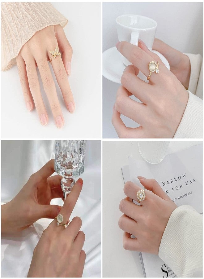 Honsny 6Pcs 14K Gold Plated Anxiety Rings for Women, Adjustable Spinner Anxiety Ring, CZ Butterfly Bee Moon Star Fidget Rings for Anxiety Stress Relief for Women - Image 4